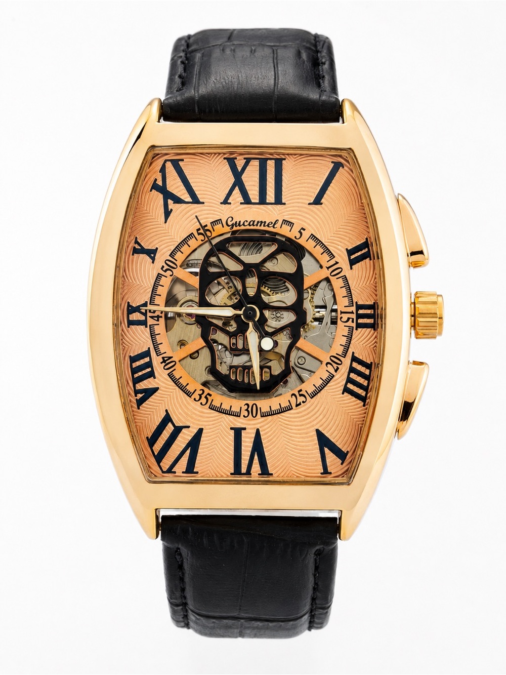 Gold Tone Skeleton Dial Tonneau Watch with Black Leather Strap